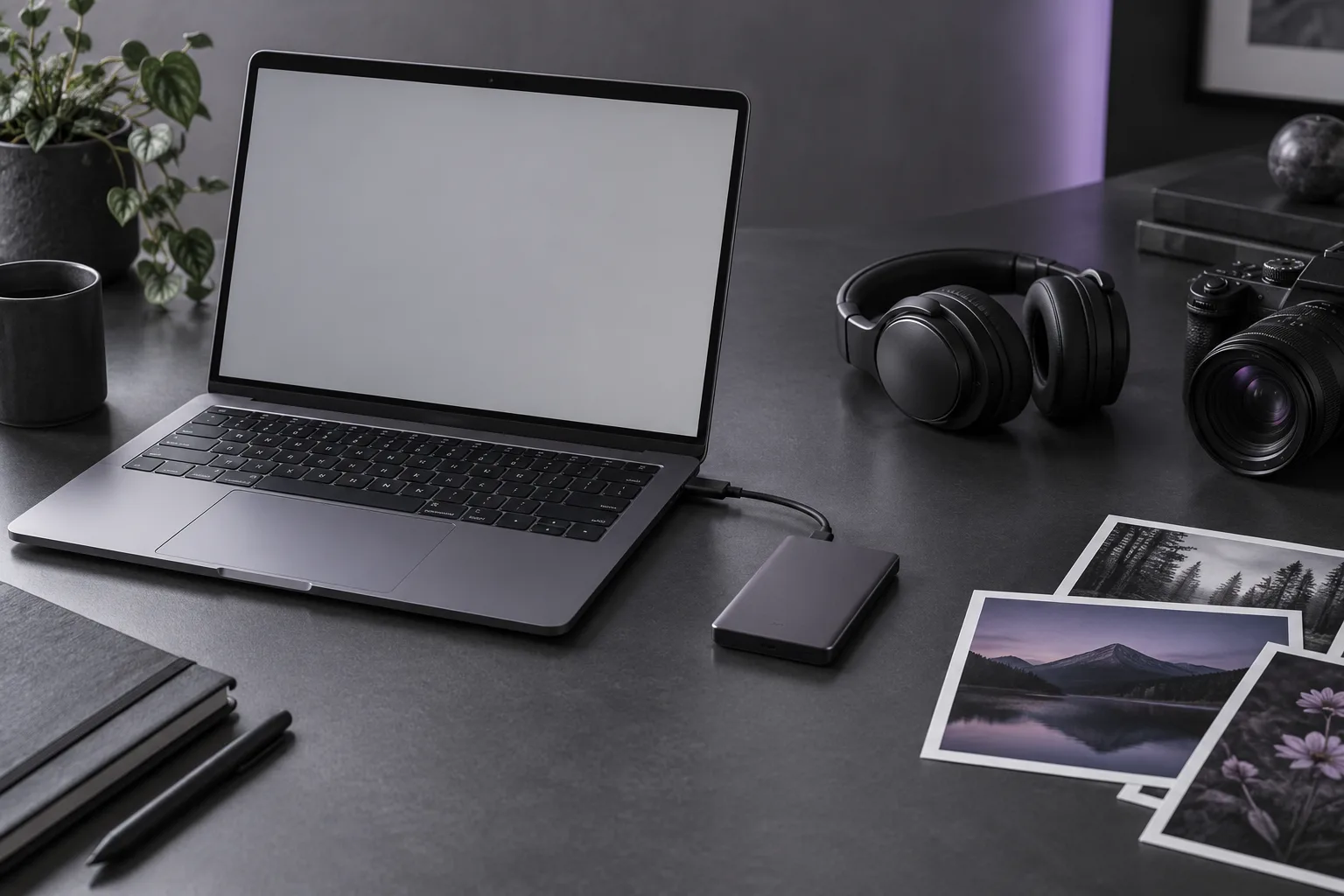 A laptop, camera, headphones, external drive, and printed photographs on a desk